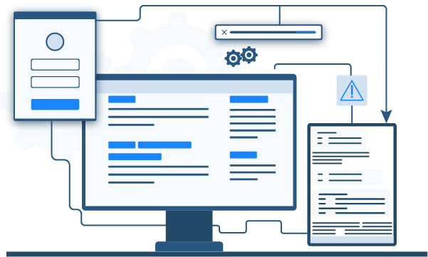 Vector illustration of a latop with various floating windows and widgets for Automated Testing & QA