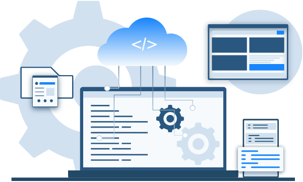 Vector illustration of a latop with various floating windows and widgets for Cloud Based Solutions