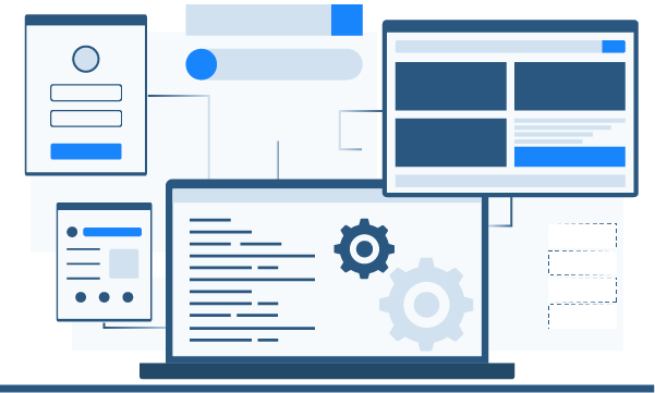 Vector illustration of a latop with various floating windows and widgets for Custom Software Development