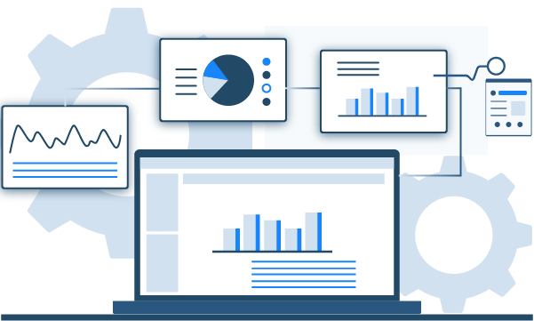 Vector illustration of a latop with various floating windows and widgets for Enterprise App Modernisation