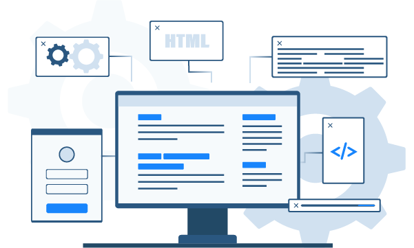 Vector illustration of a latop with various floating windows and widgets for Modern Web Development